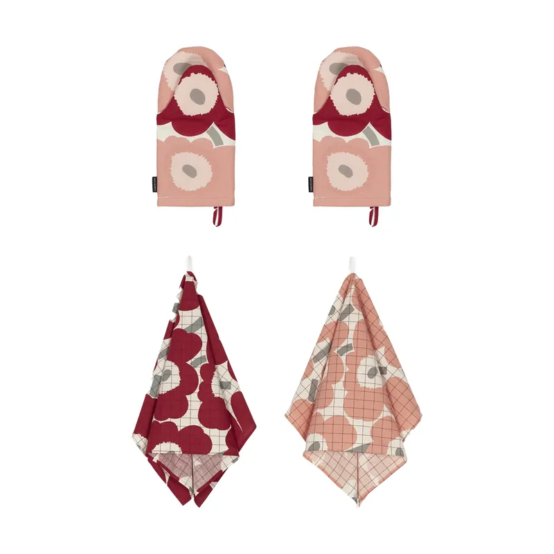 Fast Shipping Pieni Unikko kitchen towel+oven mitt 4 pieces, Cotton-dark cherry-rose