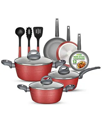 Original Kitchenware Pots & Pans Set - Stylish Kitchen Cookware, Non-Stick Coating Inside & Outside + Heat resistant Lacquer Outside, Dark Gray Inside and Red Outside (12-Piece Set)