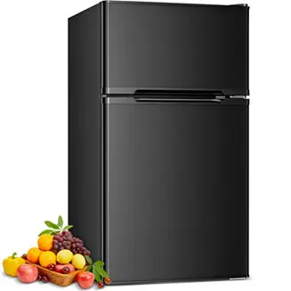 3.2 cubic foot mini fridge with separate freezer compartment and double door design is perfect for a basement, apartment, dorm room or office Fan Favorite