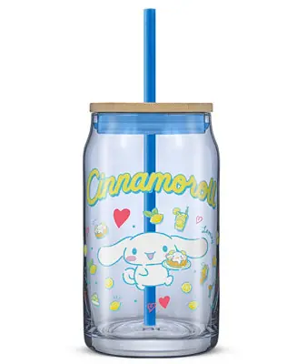 Hello Kitty and Friends Favorite Flavor Cinnamoroll Can Shaped Glass Tumbler with Wood Lid and Straw Worldwide Shipping