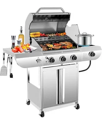 3-Burner Propane Gas Grill with Side Burner 34,000 BTU Stainless Steel Outdoor BBQ Grill, Cast Iron Grates, Portable for Patio, Camping Special Offer