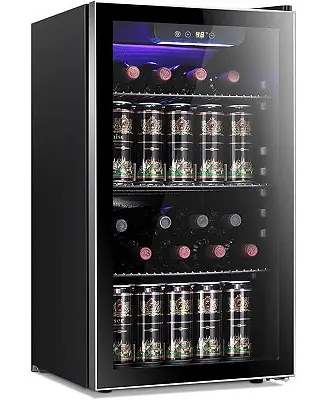 No Minimum Order 26-Bottle Wine Cooler / 130-Can Beverage Fridge — Clear Glass Door, Quiet Compressor, Freestanding 3.2 cu ft Mini Wine Cellar