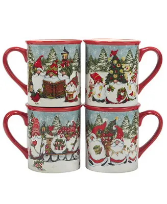 Christmas Gnomes 16 oz Mugs Set of 4, Service for 4 Premium