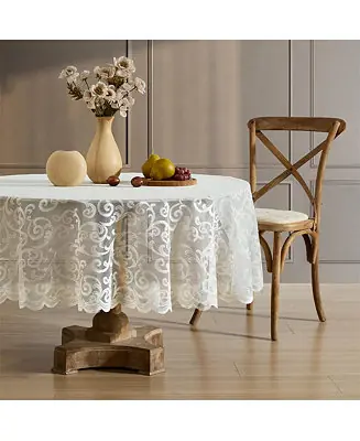 High Quality Scroll Lace Fabric Tablecloth, Lace Fabric Table Cloth for Round Tables, Wrinkle Resistant Tablecloth, Patterned Scalloped Tablecloth (70 Round, Ivory)