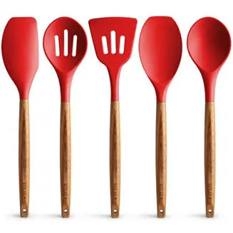 Bulk Order 5 Piece Silicone Utensils Set with Authentic Acacia Wood Handles