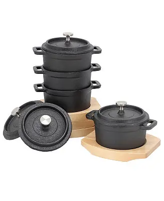Special Discount 4 Piece Cast Iron 8 Ounce Mini Dutch Oven with Wood Tray