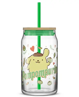 Direct From Factory Hello Kitty and Friends Favorite Flavor Pompompurin Can Shaped Glass Tumbler with Wood Lid and Straw