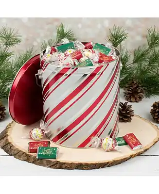 Bulk Order Christmas Chocolate Gift Tin Hershey's Miniatures & Lindt Truffles - Candy Stripes, 3 Pounds