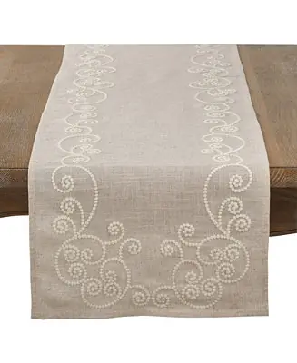 Bargain Embroidered Swirl Design Natural Linen Blend Table Runner