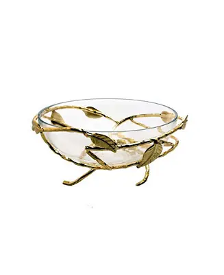 Top Pick Hammered Glasses Salad Bowl with Gold-Tone Brass Leaf Decoration
