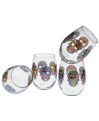 Sugar Skull Stemless Wine Glass 15-Ounce Set of 4 Free Delivery