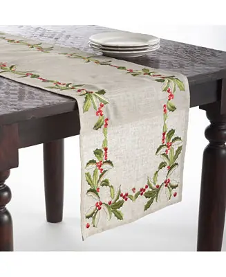 Direct From Factory Embroidered Holly Design Holiday Linen Blend Table Runners
