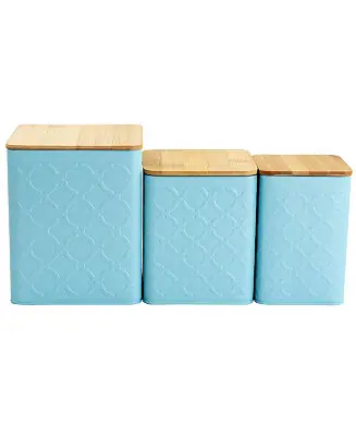 3 Piece Square Iron Kitchen Canister Set with Bamboo Lids in Turquoise Must Have