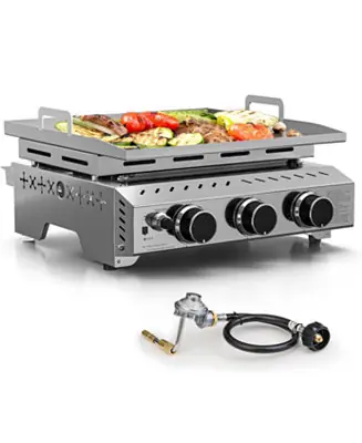 Portable 26 Inch Tabletop Griddle with Grill Grate, Stainless Steel Propane Gas Grill with 3 Burners,24000 BTU, for Outdoor Camping/RV/Picnic/BBQ Today Only
