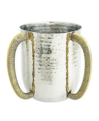 Clasic Touch Stainless Steel Hammered Wash Cup with Gold Embossed Handles Hot Picks
