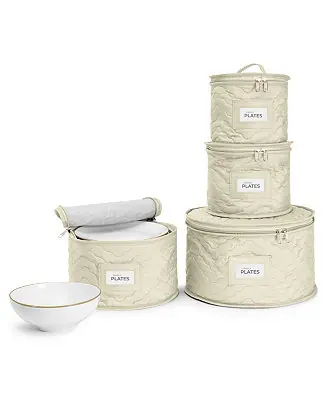 4 Piece Quilted China Dinnerware Storage Cases - for Dinnerware, Plate Organizer (Beige) Super Sale