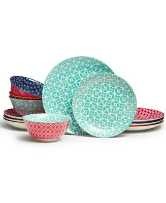12-Piece Ceramic Dinnerware Set for Christmas Decor Thanksgiving Party, Colorful Dish Set for 4 Warranty Included