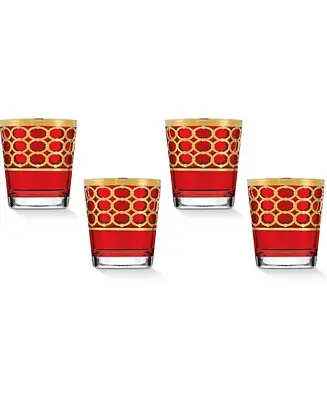 Deep Red Colored Double Old Fashion with Gold-Tone Rings, Set of 4 Reduced Price