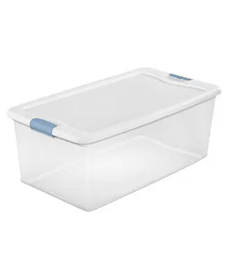 Original 106 Qt Clear Plastic Stackable Storage Bin w/ White Latch Lid, 12 Pack