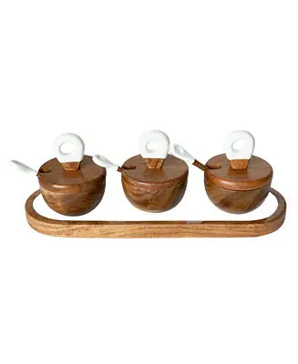Wood Plus Collection 3 Dipping Bowls with Lids, Spoons and Tray, Set of 7 Trusted Brand