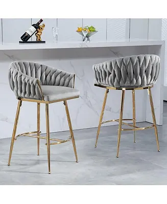 Set of 2 Counter Stools – 26" Velvet Upholstered with Hand-Wave Back, Metal Legs & Footrest New Release