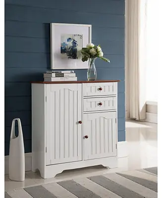White / Walnut Finish Wood Kitchen Storage Buffet Cabinet Same Day Shipping