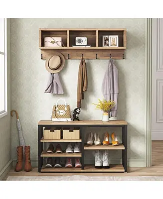 Next Day Delivery Coat Rack Set and Industrial Shoe Bench, 3 Storage Cubbies, 7 Hooks for Entryway, Hallway, 5-in-1Design