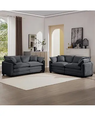 One Day Deal Modern Fabric Living Room Sofa Two Piece Set, Two 2-Seater Sofas with 8 Cushion Upholstery Large Deep Seat Recliner, Grey Corduroy Fabric