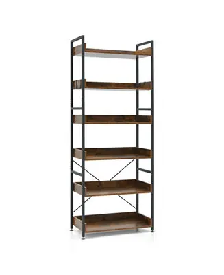 6-Tier Industrial Bookcase with Open Shelves, Metal Frame, 4 Hooks, and Anti-Tip Design Reduced Price