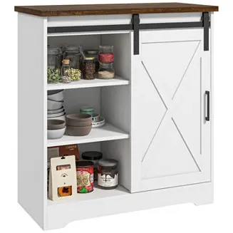 Weekend Sale Farmhouse Coffee Bar Cabinet, 33" Buffet Sideboard with Sliding Barn Door and Adjustable Shelf, Kitchen Buffet Cabinet, White
