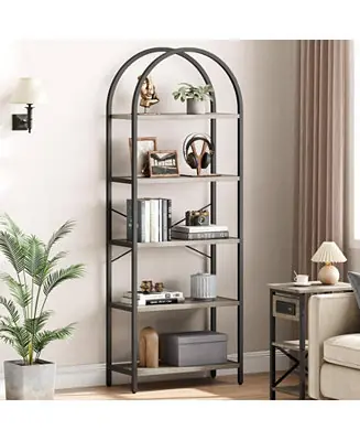Super Sale 5-Tier Farmhouse Bookshelf - Arched Metal Frame Display Rack, Tall Standing Storage Shelf in Grey