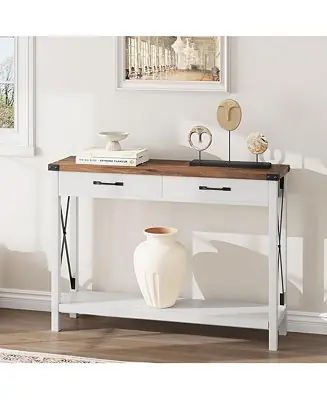 Premium Console Table with 2 Drawers, Farmhouse Sofa Table with Storage Shelf, Accent Wood Entryway Table for Living Room, Hallway, Foyer-Black
