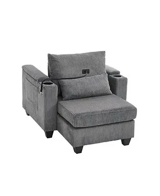 Convertible Chaise Lounge 37.4 Inches Sofa Chair Sofa Bed Corduroy Sleeper with USB Ports , Two Cup Holders, Phone Holder and Ample Storage Space Price Drop