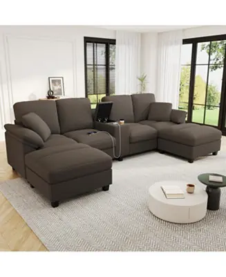 Warranty Included Modern U-shaped Corduroy Sofa with Storage, Cup Holders & USB Ports
