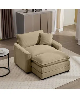 In Demand Comfortable Single Chair Deep Seat Sofa With Footstool With One Pillow, Suitable for Living Room and Bedroom, Club Multiple Occasions, Tan Corduroy Fabric