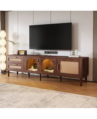 Rattan TV Stand with 3 Cabinets & 2 Drawers Media Console Table for TVs up to 80" with LED Light Popular