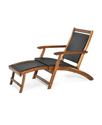 Price Cut Folding Patio Acacia Wood Deck Chair Rattan Chaise Lounge Chair w/ Footrest