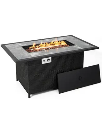 Clearance 52 Inch Rattan Wicker Propane Fire Pit Table with Rain Cover and Lava Rock-Black