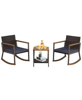 3 Pieces Rattan Rocking Bistro Set with Coffee Table and Cushions Flash Sale