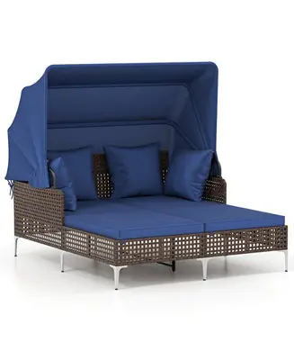 Factory Price Outdoor Daybed w/ Retractable Canopy PE Wicker Rattan Patio Double Chaise Lounger