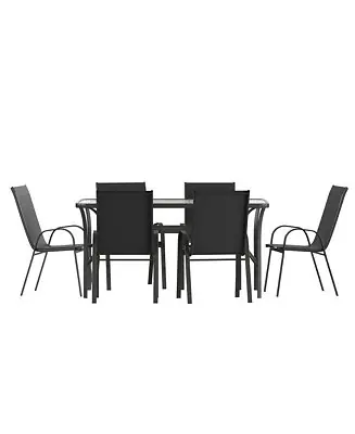 Limited Offer Bardwell 7 Piece Outdoor Dining Table Set For 6 With Glass-Top Patio Table And 6 Stack Chairs With Flex Comfort Material
