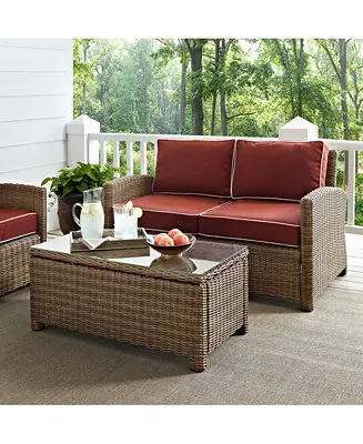 Viral Bradenton 2 Piece Outdoor Wicker Seating Set With Cushions - Loveseat And Glass Top Table