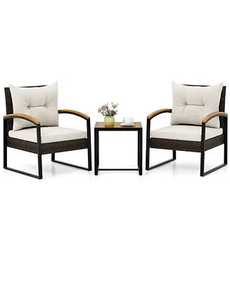 3PCS Patio Wicker Furniture Set PE Wicker Furniture Conversation Set w/ Acacia Wood Table Markdown