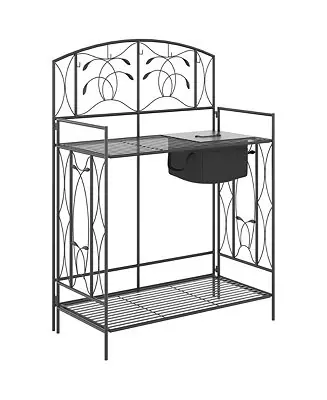 Price Cut Folding Potting Bench Table, Metal Garden Workstation, Work Bench with Large Built-in Bag with Cover, 5 Hanging Hooks & Storage Shelf, Leaf Pattern