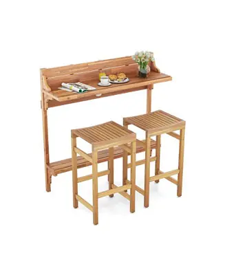 3 Pieces Patio Acacia Wood Bar Table Set with Footrest Curved Wood Seat Modern