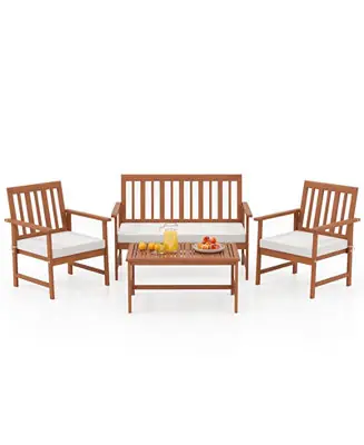 4-Piece Acacia Wood Patio Conversation Set Outdoor Furniture Set w/ 2 Armchairs Sale