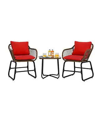 3PCS Patio Rattan Bistro Set Cushioned Chair Glass Table Deck Fast Shipping
