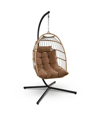Foldable Egg Chair - Rattan Wicker Hanging Egg Swing Chair with Stand, Waterproof Seat Cushion,, and Headrest for Patio, Bedroom, Porch, and Garden (Brown) Seasonal Sale