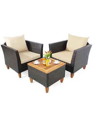 In Demand 3PCS Patio Furniture Set Conversation Bistro Set w/ Acacia Wood & Cushions Beige