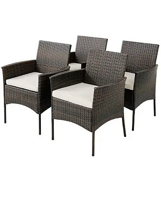 Same Day Shipping Set of 4 Patio Rattan Dining Chairs Cushioned Seat Curved Armrests